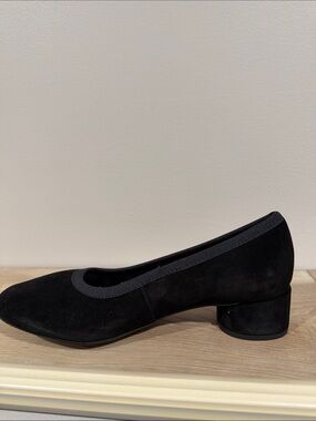 Black Suede Low Block Heel Pump with Rounded Toe